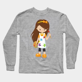 Painter, Paint Artist, Cute Girl, Brown Hair Long Sleeve T-Shirt